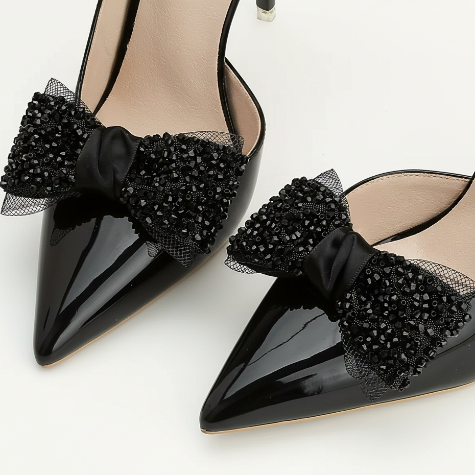 Pair of Black Sequined Shiny Satin Shoe Charms