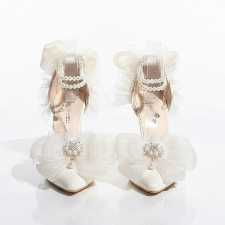 Elegant White Satin Wedding Lolita Shoes with Pearl Strap