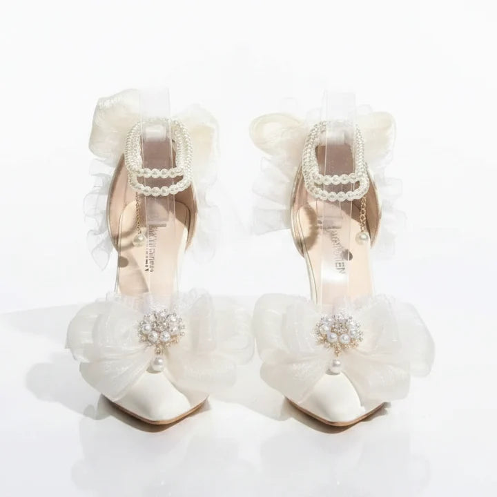 Elegant White Satin Wedding Lolita Shoes with Pearl Strap