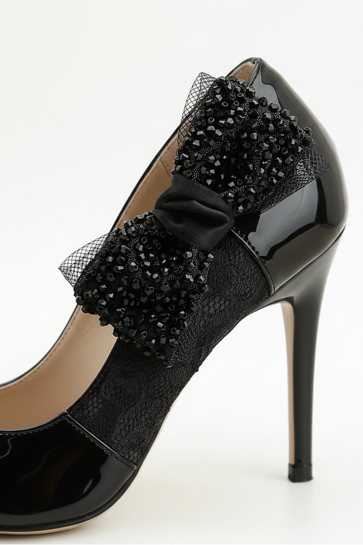 Pair of Black Sequined Shiny Satin Shoe Charms