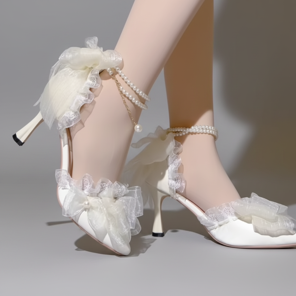 Elegant White Satin Wedding Lolita Shoes with Pearl Strap