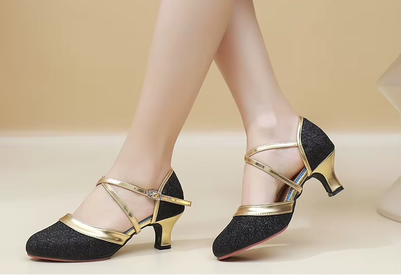 Black & Gold Latin Dance Shoes with Soft Sole Ballroom Jazz