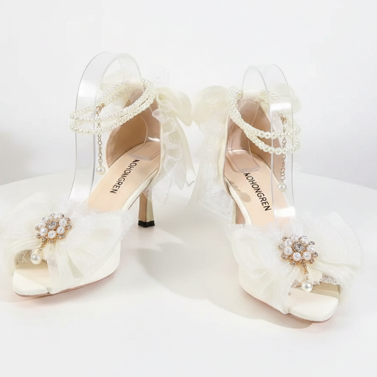 Elegant White Satin Wedding Lolita Shoes with Pearl Strap