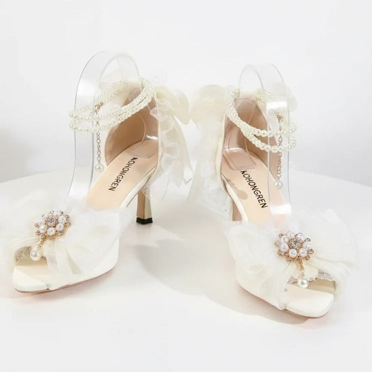 Elegant White Satin Wedding Lolita Shoes with Pearl Strap