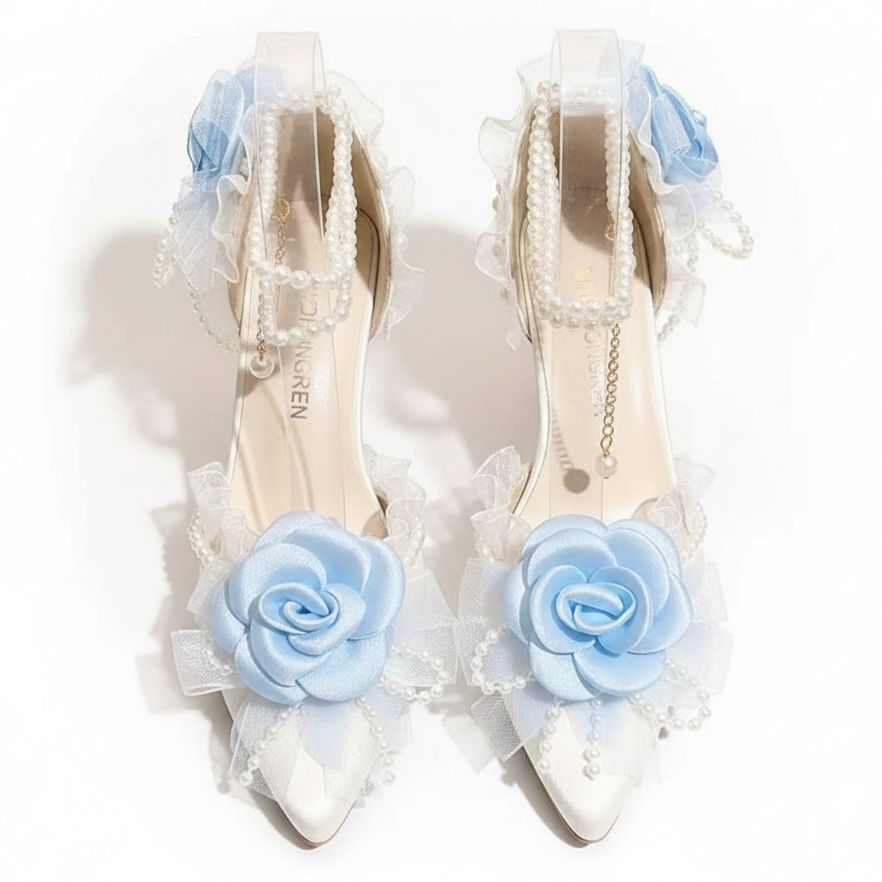 Ornate White High Heel Lolita Wedding Shoes with Light Blue Roses