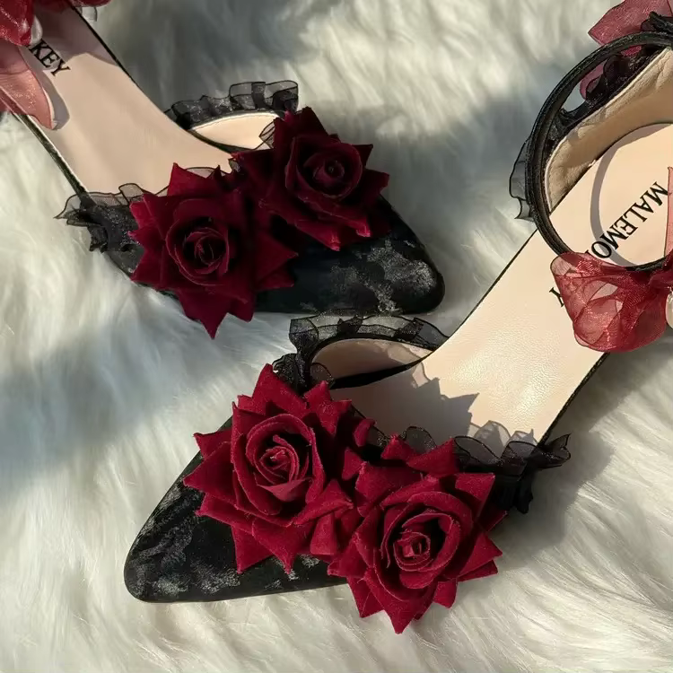 Black Satin Deluxe Heels with Red Roses & Pearls