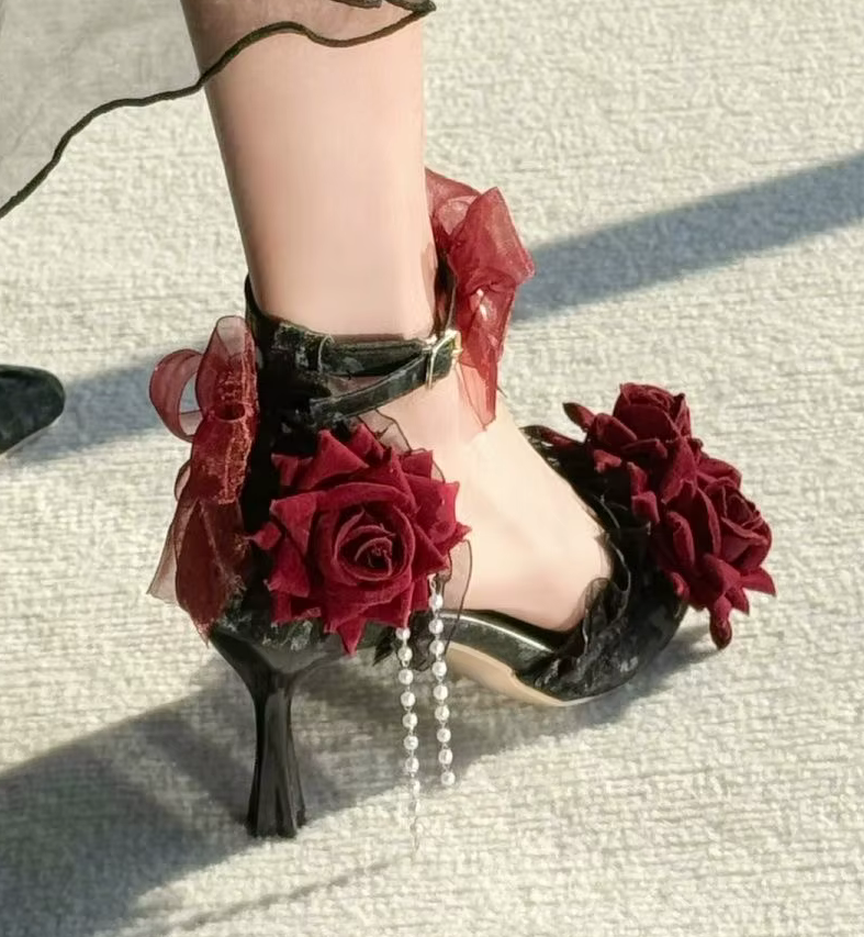 Black Satin Deluxe Heels with Red Roses & Pearls