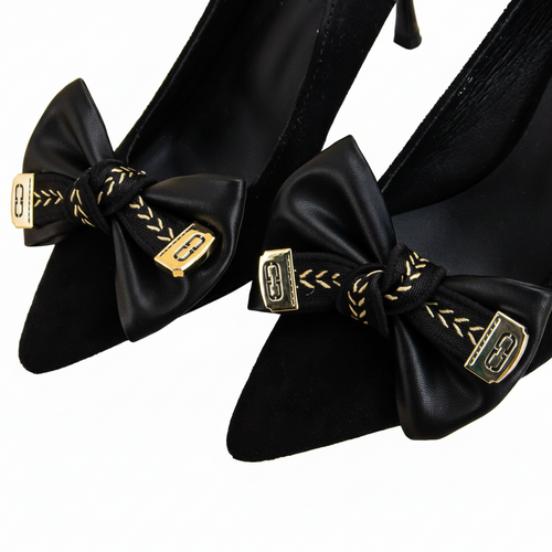 Black and Gold Letter Pair of Designer Bow Shoe Charms