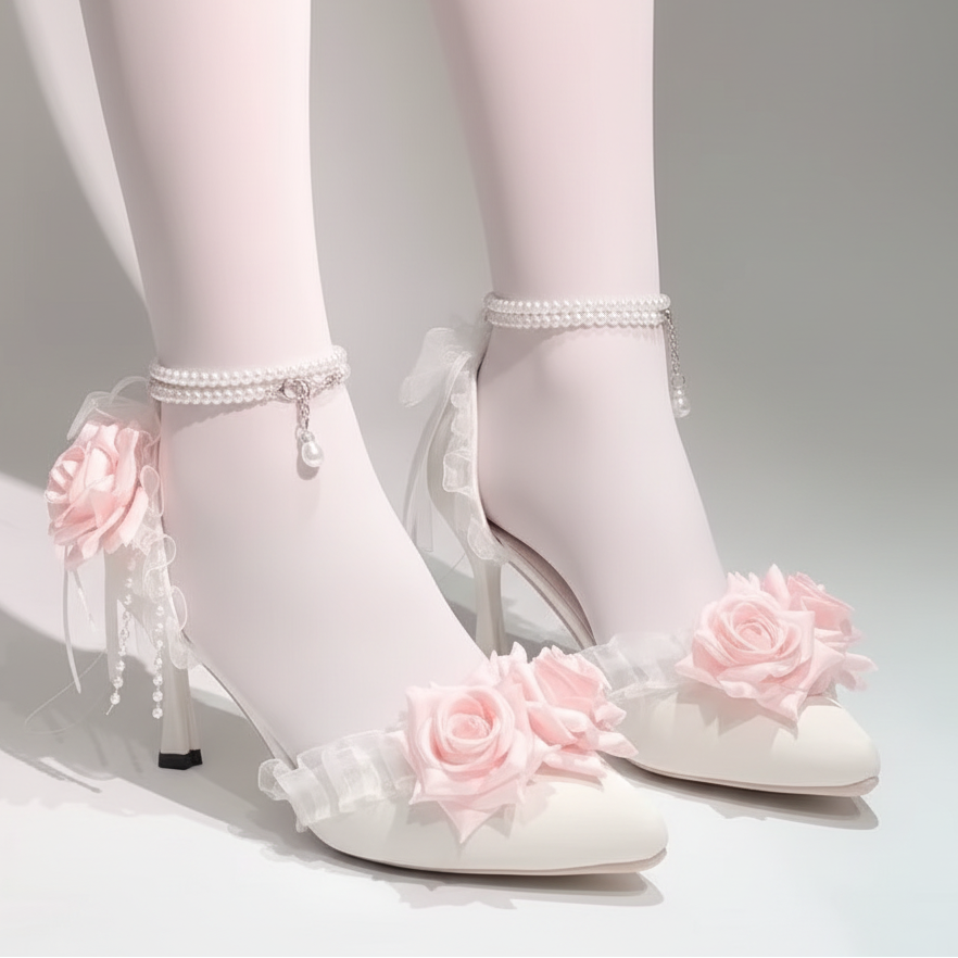 A pair of white pointed-toe high heels with pale pink fabric roses and lace trim, shown on a model wearing white tights. The shoes feature pearl-embellished ankle straps and are styled with stacked books in the background.