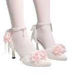 Luxury Bridal Heels Shoes with Pink Roses & Pearl Straps