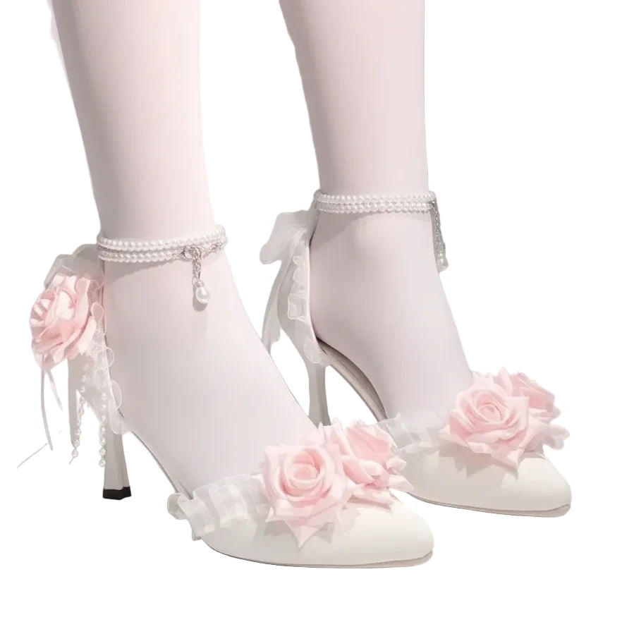 Luxury Bridal Heels Shoes with Pink Roses & Pearl Straps