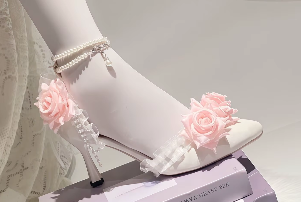Luxury Bridal Heels Shoes with Pink Roses & Pearl Straps