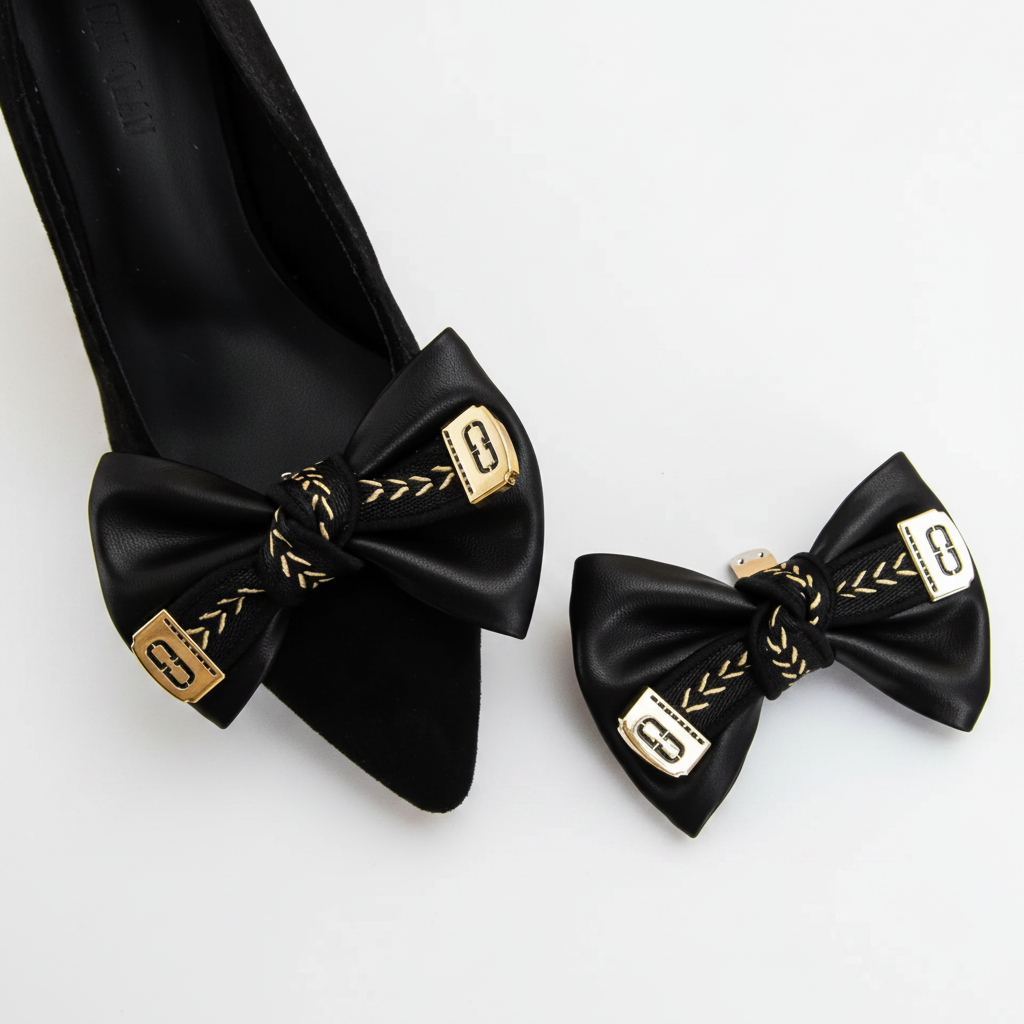 A pair of black pointed-toe high heels with matching bow headbands, both decorated with gold braided trim and gold-tone hardware featuring a stylized '8' emblem, displayed on a beige background with white blocks.