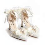 Embellished Stiletto Heel White Satin Jewlled Wedding Shoes