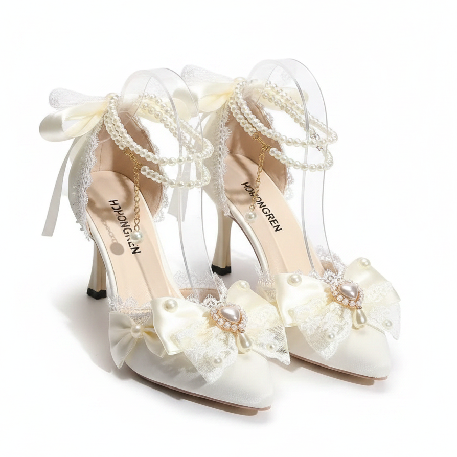 High Heel White Satin Jewlled Wedding Shoes