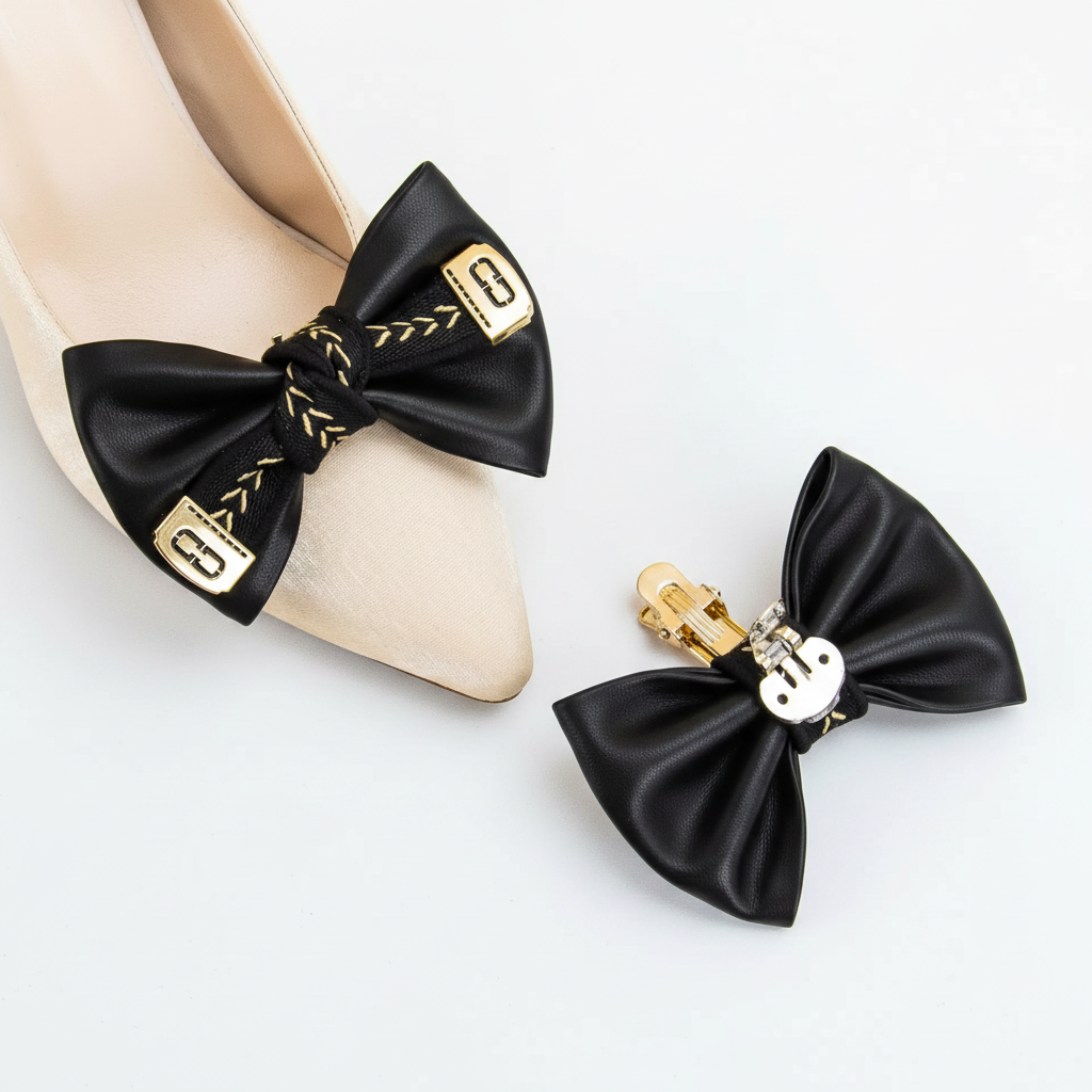 Two black satin bow accessories displayed on a beige surface: one attached to the toe of a beige high-heeled shoe and one separate, both with gold-tone hardware and braided details.