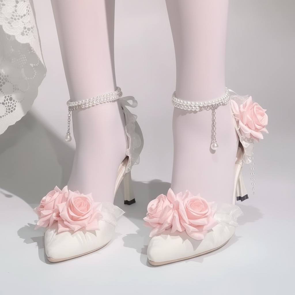 A pair of white pointed-toe high heels decorated with large pink fabric roses and white lace, shown on a mannequin lower leg with pearl ankle bracelets and stacked purple books in the background.