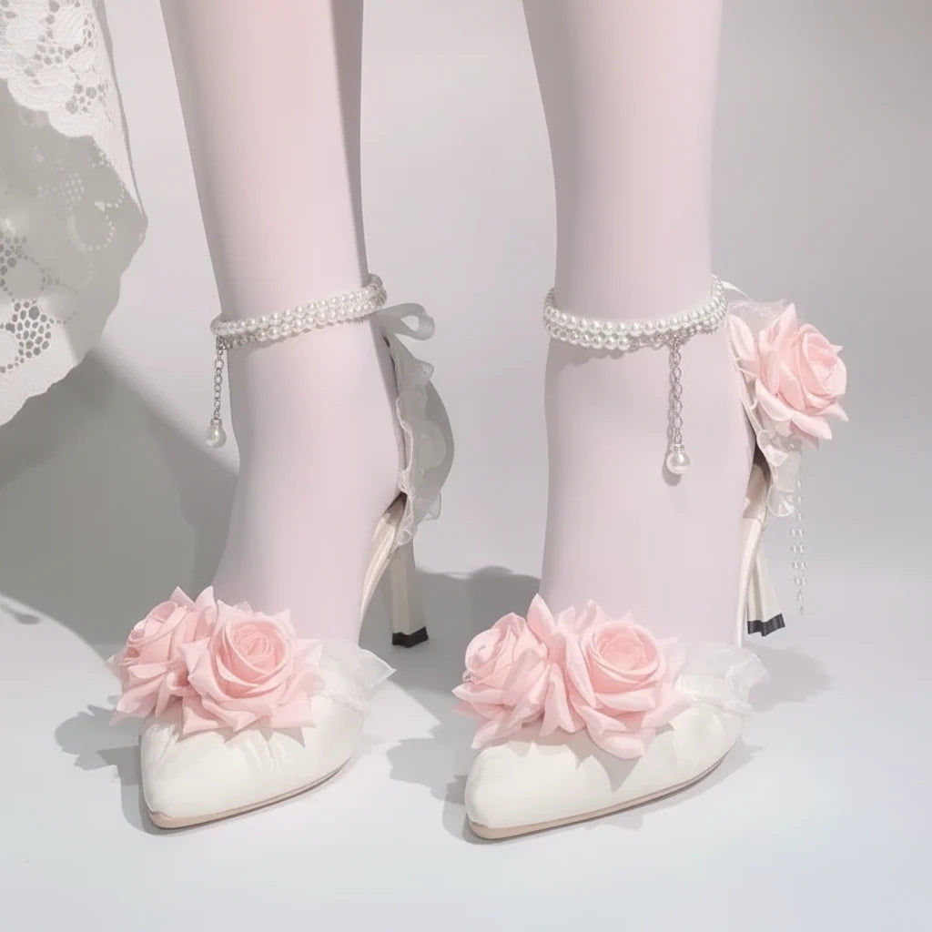 Luxury Bridal Heels Shoes with Pink Roses & Pearl Straps