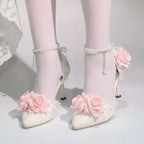 Luxury Bridal Heels Shoes with Pink Roses & Pearl Straps