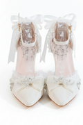 White Satin Ornate Jewelled Wedding Shoes with Anklet