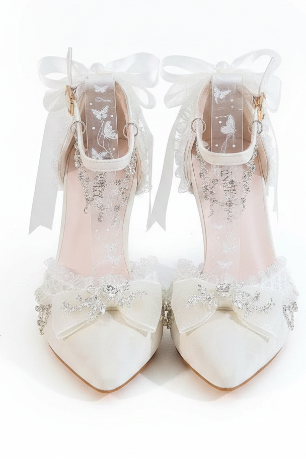 White Satin Ornate Jewelled Wedding Shoes with Anklet