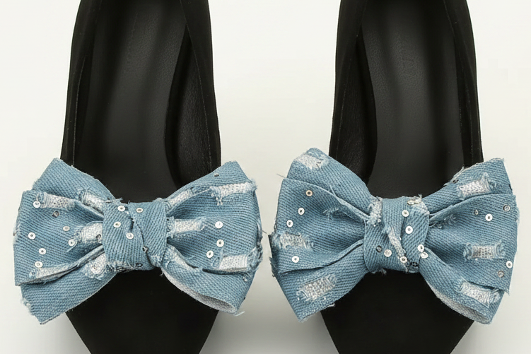 A pair of black pointed-toe high heels decorated with large distressed denim bows embellished with silver sequins, displayed on a white surface.