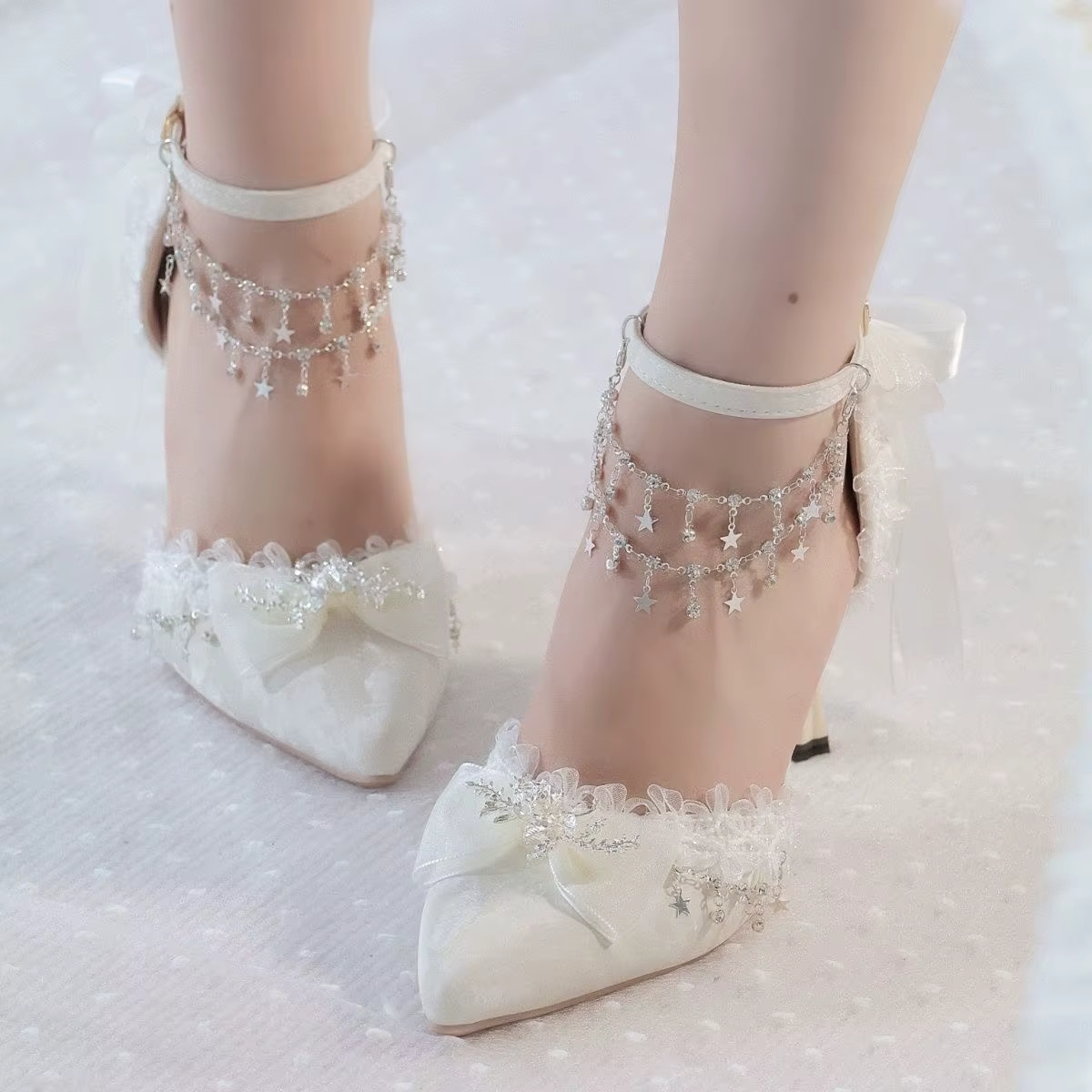 White Satin Ornate Jewelled Wedding Shoes with Anklet