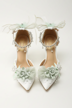 Exquisite Stiletto Pumps Wedding Shoes with Green Flowers