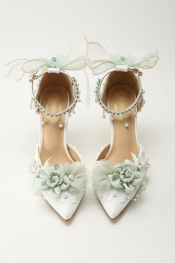 Exquisite Stiletto Pumps Wedding Shoes with Green Flowers