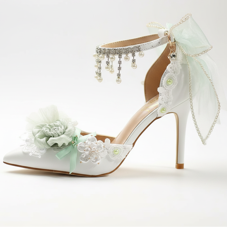 Exquisite Stiletto Pumps Wedding Shoes with Green Flowers
