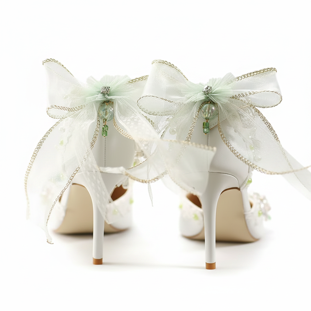 A pair of white high-heeled shoes decorated with large sheer white bows, delicate gold trim, and small green floral accents, displayed on a soft white surface with gold confetti.