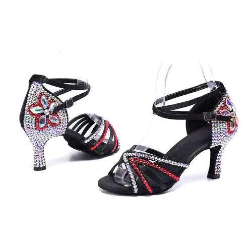 Black Silver & Red Rhinestone Ballroom Latin Dance Shoes