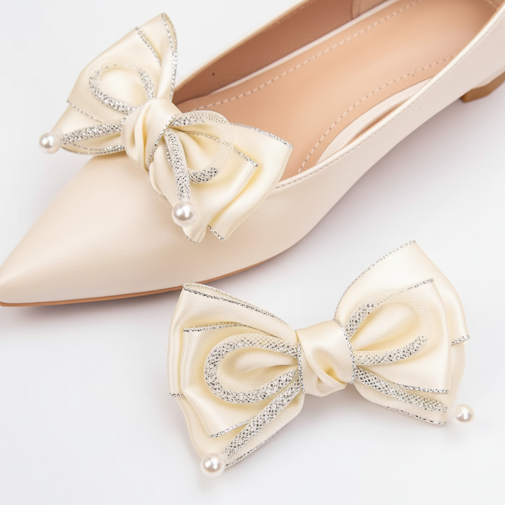 A pair of cream-colored pointed-toe flats with large satin bow embellishments, decorated with silver rhinestone trim and small pearl accents, displayed on white blocks against a beige background.