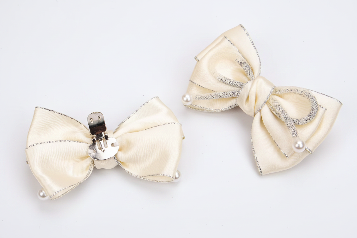 Pair of Ivory Satin Wedding Shoe Bow Charms with Diamante Trim