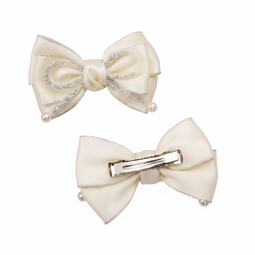Pair of Ivory Satin Wedding Shoe Bow Charms with Diamante Trim