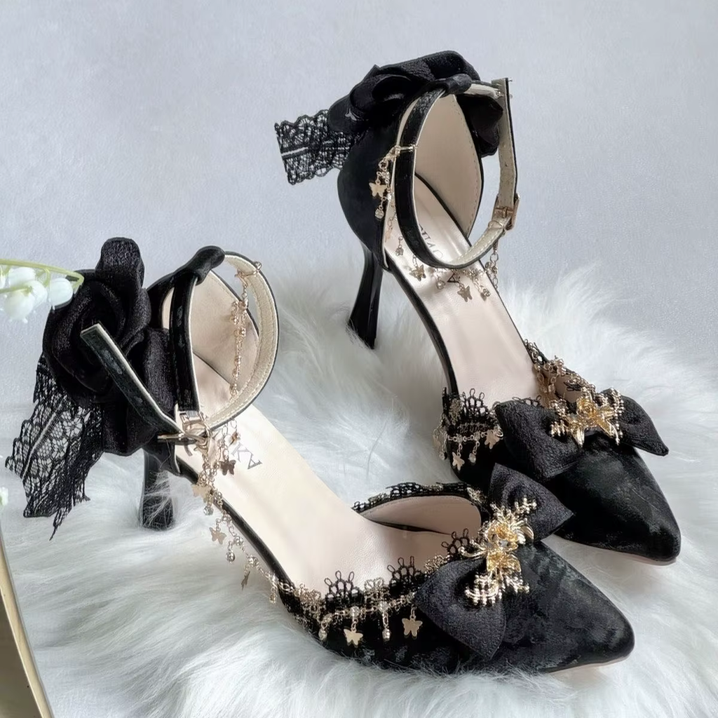 Black Pointed Toe High Heel Shoes with Gold Butterfly and Bows
