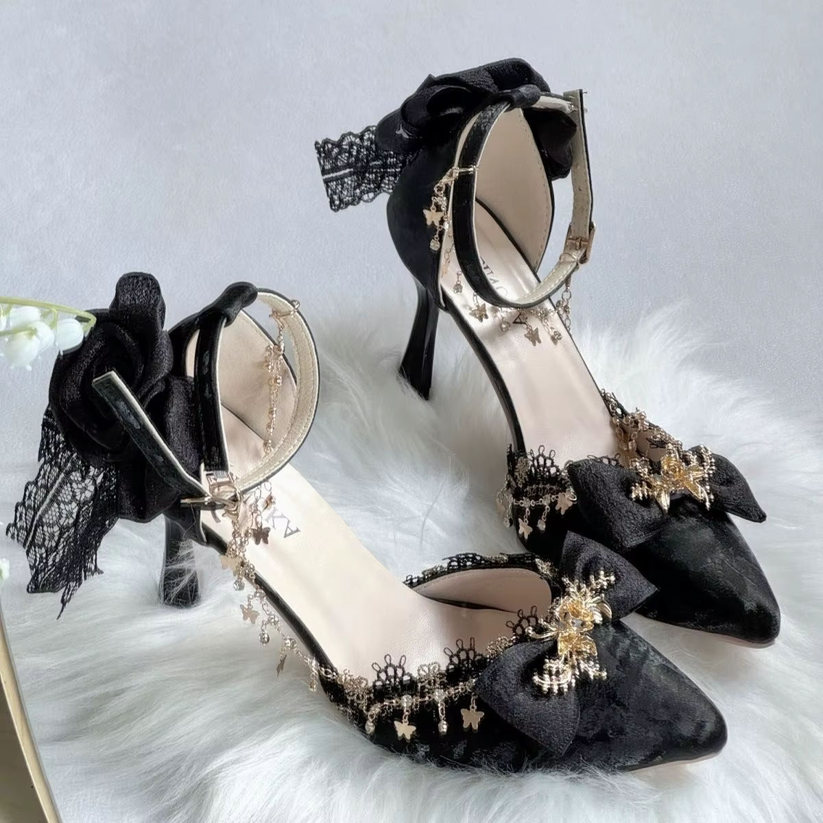 Black Pointed Toe High Heel Shoes with Gold Butterfly and Bows