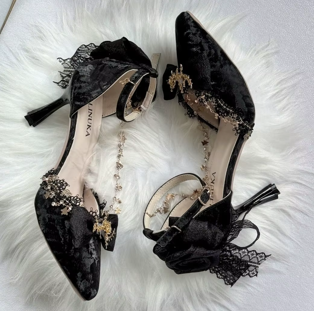 Black Pointed Toe High Heel Shoes with Gold Butterfly and Bows