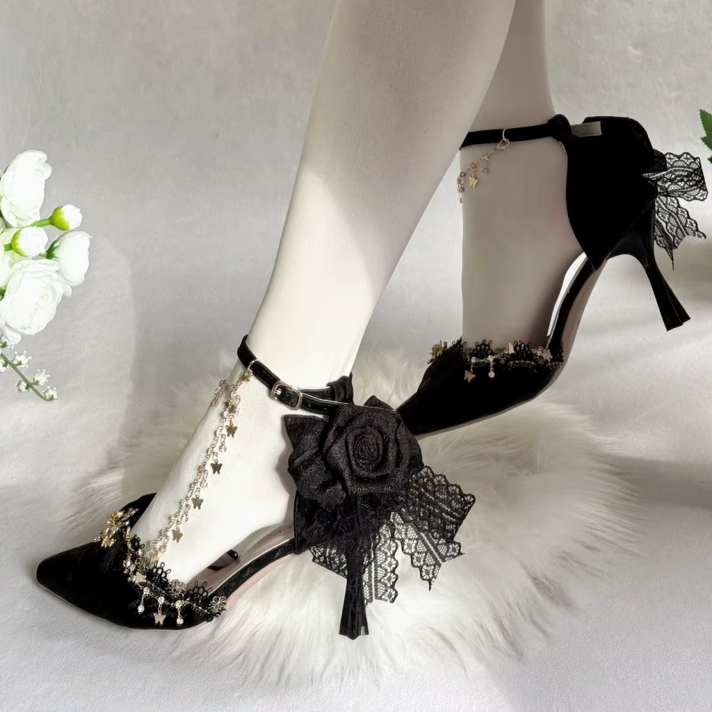 Black Pointed Toe High Heel Shoes with Gold Butterfly and Bows