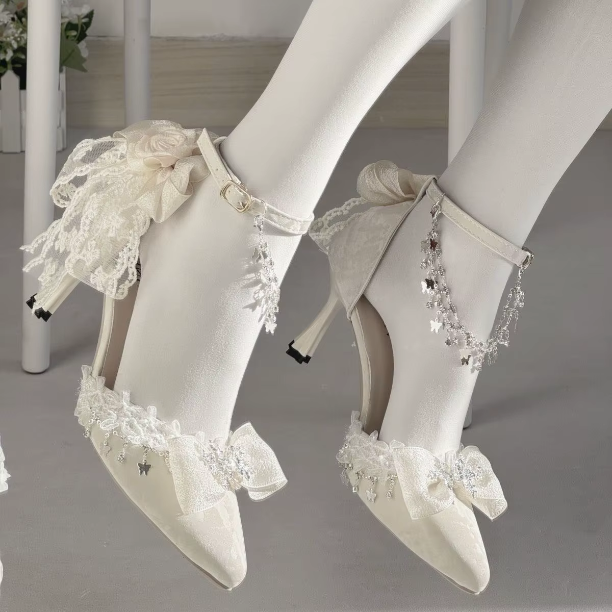 Deluxe High Heel White Satin Jewlled Wedding Shoes