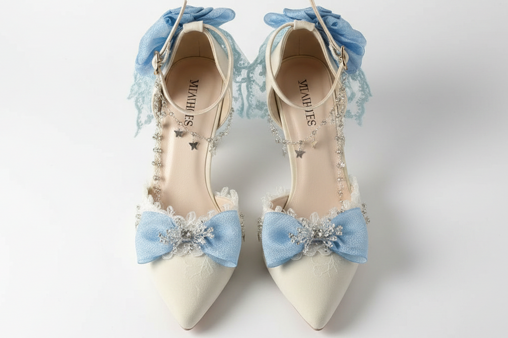 White Satin High Heel Shoes with Blue Bows & Silver Anklet
