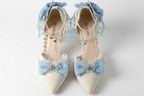 White Satin High Heel Shoes with Blue Bows & Silver Anklet