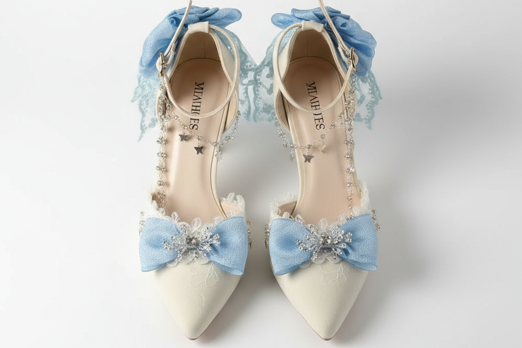 White Satin High Heel Shoes with Blue Bows & Silver Anklet