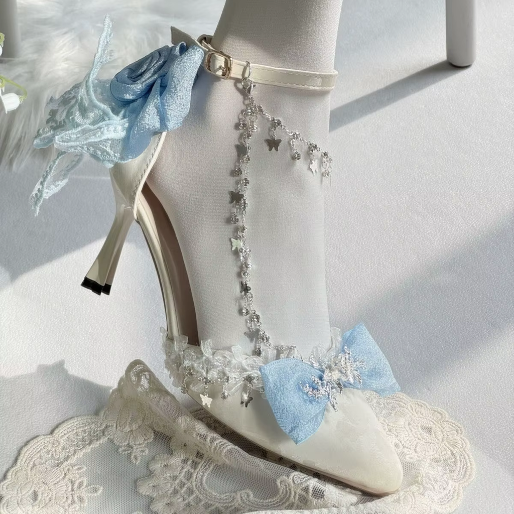 White Satin High Heel Shoes with Blue Bows & Silver Anklet