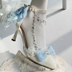 White Satin High Heel Shoes with Blue Bows & Silver Anklet