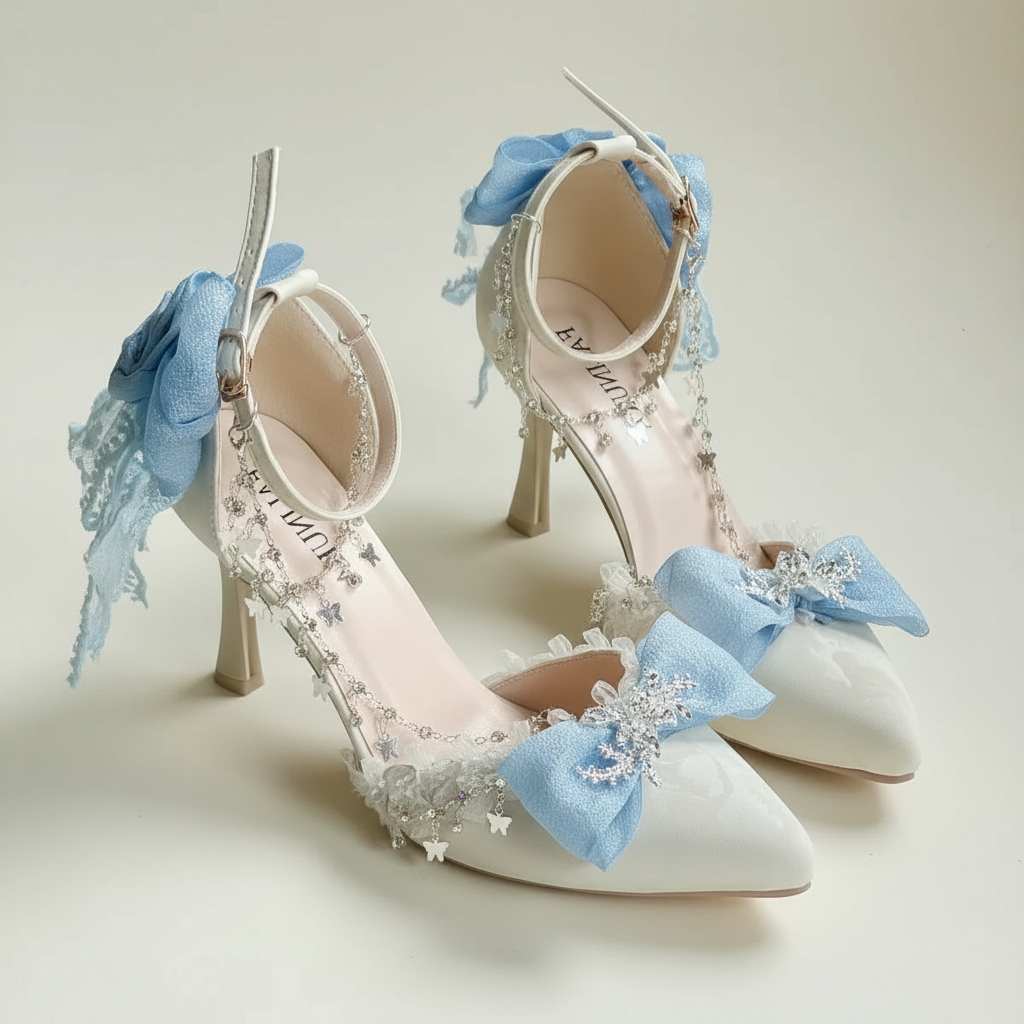 White high-heeled shoes with blue decorative bows on a white surface