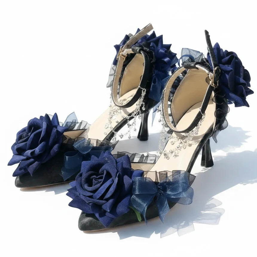 Black High Heel Ornate Shoes with Blue Roses & Silver Anklet