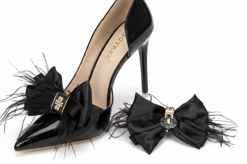 Pair of Black Bow with Feathers & Jewel Shoe Charm Clips