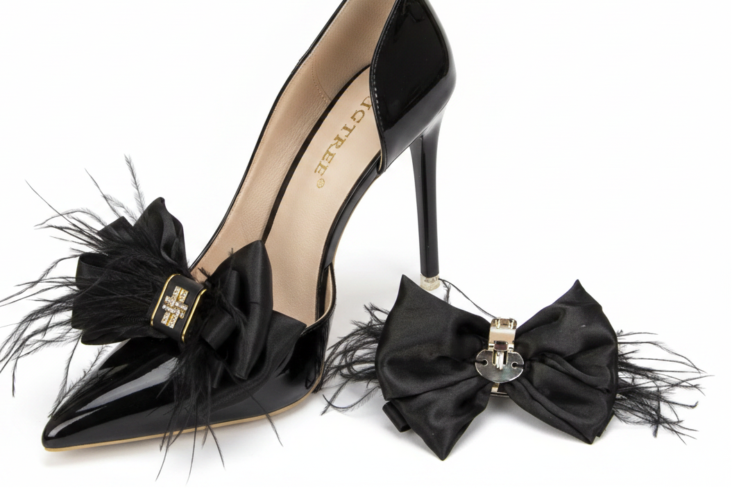 Pair of Black Bow with Feathers & Jewel Shoe Charm Clips