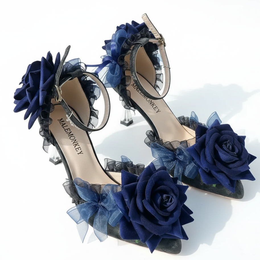 Black High Heel Party Shoes with Blue Roses & Silver Anklet